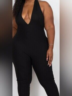 Curved Seam Black Halter Ribbed Jumpsuit